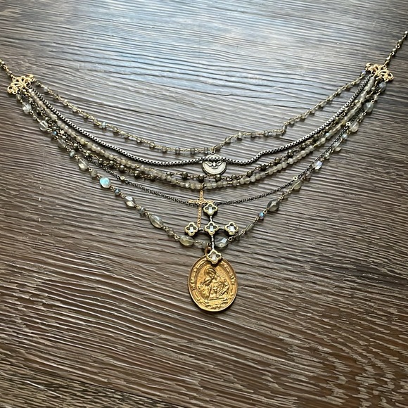 Sold💎cross chain layered necklace labradorite gold silver gunmetal coin pendent - Picture 5 of 15